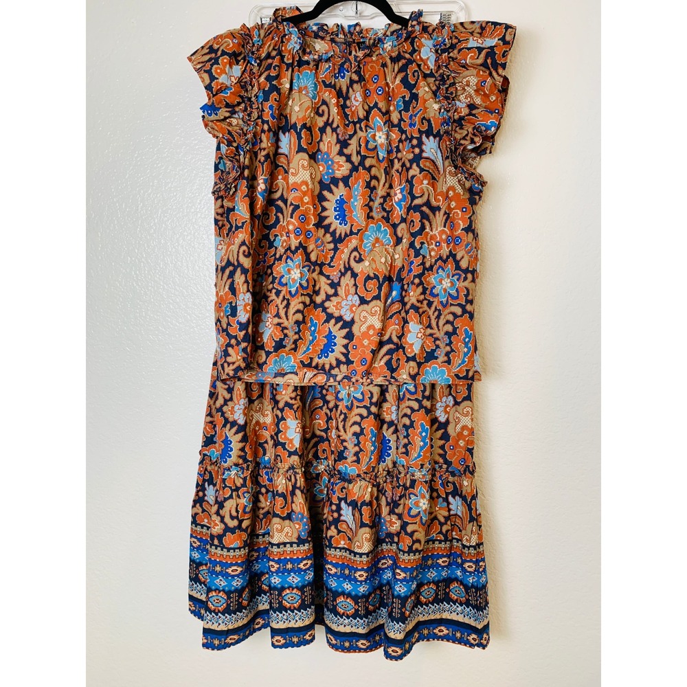 House of Harlow 1960 2 Piece Set Maxi Skirt & Top Womens L Orange Paisley Boho